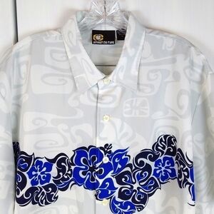 Street Culture| Mens Silky Blue White Pattern Button Down Dress Shirt  Sz.Large